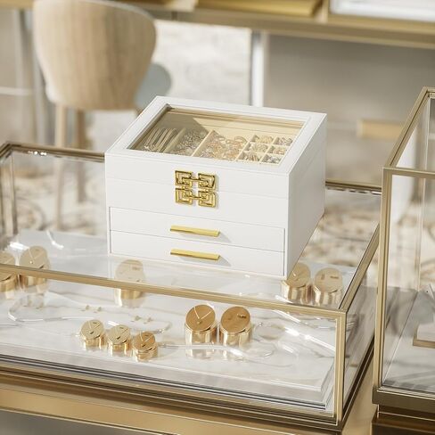 منظم صندوق المجوهرات من سريواتانا مع غطاء زجاجي، صندوق مجوهرات من 3 طبقات للقلائد والأساور والأقراط والخواتم وجلد البولي يوريثان وبطانة مخملية، طراز حديث، أبيض in Kuwait