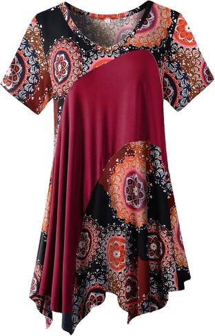 LARACE Plus Size Tops for Women V Neck Summer Shirt Short Sleeve Blouses Patchwork Tunics in Kuwait