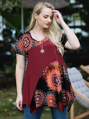 LARACE Plus Size Tops for Women V Neck Summer Shirt Short Sleeve Blouses Patchwork Tunics in Kuwait