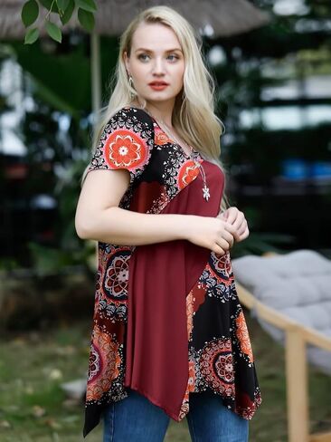 LARACE Plus Size Tops for Women V Neck Summer Shirt Short Sleeve Blouses Patchwork Tunics in Kuwait
