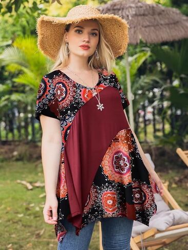 LARACE Plus Size Tops for Women V Neck Summer Shirt Short Sleeve Blouses Patchwork Tunics in Kuwait