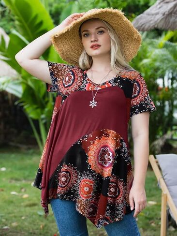 LARACE Plus Size Tops for Women V Neck Summer Shirt Short Sleeve Blouses Patchwork Tunics in Kuwait