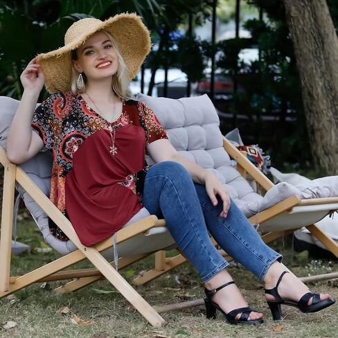 LARACE Plus Size Tops for Women V Neck Summer Shirt Short Sleeve Blouses Patchwork Tunics in Kuwait