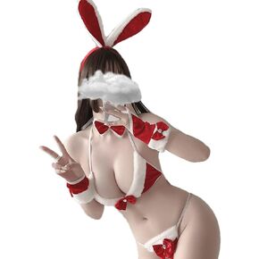 Kawaii Lingerie Sexy Bunny Cosplay Costume Christmas Anime Micro Bikini Santa Outfit Velvet Bra and Panty Set