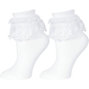 RMSWEETYIL Lace Ruffle Frilly Socks for Women, Pearl Lace Ankle Socks