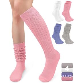 BLONGW 4 أزواج من الجوارب النسائية المحبوكة للركبة عالية التمهيد جوارب طويلة دافئة ومريحة من القطن in Kuwait