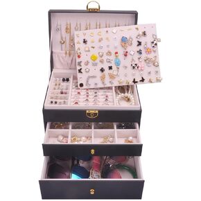 Jewelry Box Women Girls Earrings Holder Necklace keeper PVC Leather Jewelry Organizer Rings Storage Case Lockable Ear Stud Card Sunglasses Watches Drawers GY307 (Black)