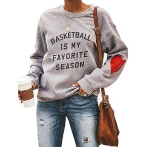 KIRJAUDU Women Letter Print Sweatshirt Long Sleeve Cute Heart Elbow Patch Pullover Tops