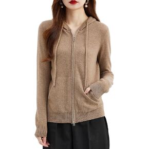 LINY XIN Women's Zip Up Hoodie Fall Winter 100% Merino Wool Sweater Casual Drawstring Knit Sweatshirt Cardigan in Kuwait