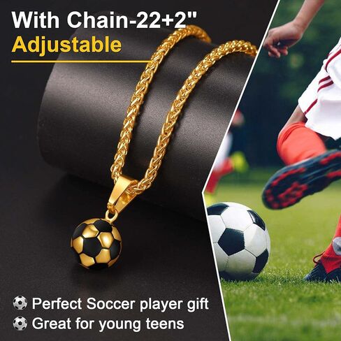 ChainsPro Men Ball Necklace Sport Jewelry, Soccer/Football/Baseball Lover Confirmation Gift, Chain-22+2" Adjustable, 316L Stainless Steel/18K Gold Plated/Black- Send Gift Box in Saudi Arabia