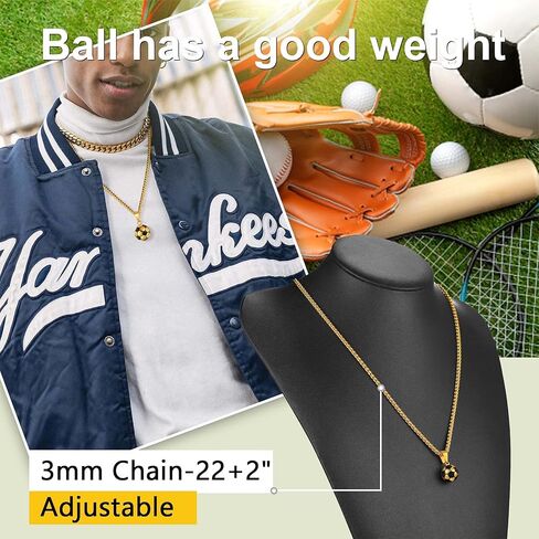 ChainsPro Men Ball Necklace Sport Jewelry, Soccer/Football/Baseball Lover Confirmation Gift, Chain-22+2" Adjustable, 316L Stainless Steel/18K Gold Plated/Black- Send Gift Box in Saudi Arabia