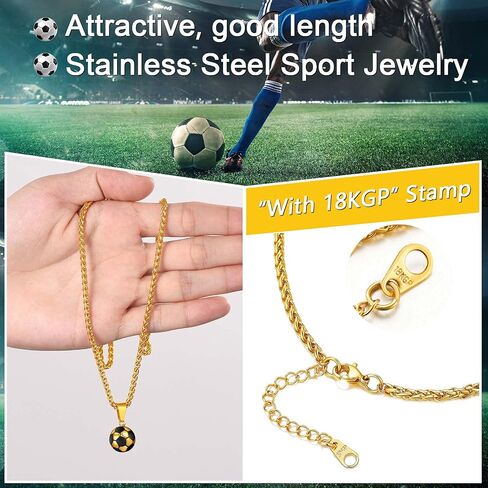 ChainsPro Men Ball Necklace Sport Jewelry, Soccer/Football/Baseball Lover Confirmation Gift, Chain-22+2" Adjustable, 316L Stainless Steel/18K Gold Plated/Black- Send Gift Box in Saudi Arabia