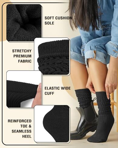 BLONGW 4 أزواج من الجوارب النسائية المحبوكة للركبة عالية التمهيد جوارب طويلة دافئة ومريحة من القطن in Kuwait