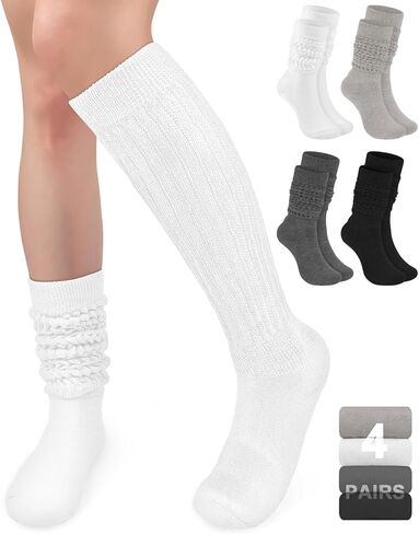 BLONGW 4 أزواج من الجوارب النسائية المحبوكة للركبة عالية التمهيد جوارب طويلة دافئة ومريحة من القطن in Kuwait