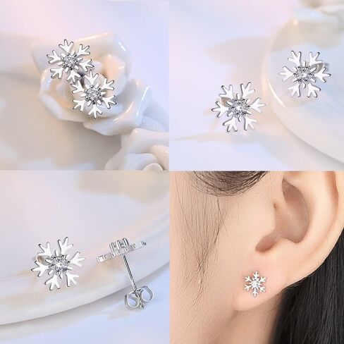 4 PCS Snowflake Earrings for Women Sterling Silver Hypoallergenic Cubic Zircon Christmas Stud Jewelry Gifts for Women Girls in Saudi Arabia