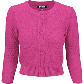 YEMAK Women's Cropped Cardigan Sweater – 3/4 Sleeve Crewneck Basic Classic Casual Button Down Soft Crochet Knit Top (S-3XL) in Saudi Arabia