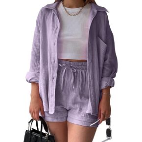 Flygo Women Casual 2 Piece Outfits Cotton Linen Set Long Sleeve Shirt Tops Matching Shorts Sets