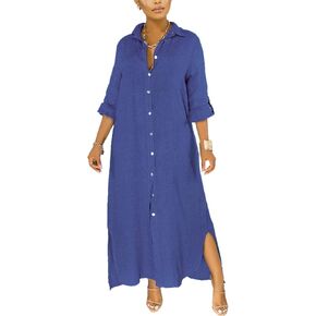 qfmqkpi Women's Solid Color 3/4 Rolled-Up Sleeve Shirts Dress Buttons Down Side Slit Maxi Dresses in Kuwait