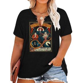 Plus Size Halloween V-Neck T-Shirt Women Sanderson Witch Museum Graphic Tees Hocus Pocus Short Sleeve Shirts Tops