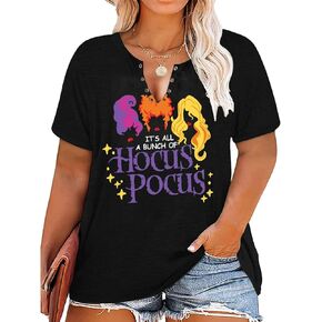 Plus Size Halloween V-Neck T-Shirt Women Sanderson Witch Museum Graphic Tees Hocus Pocus Short Sleeve Shirts Tops