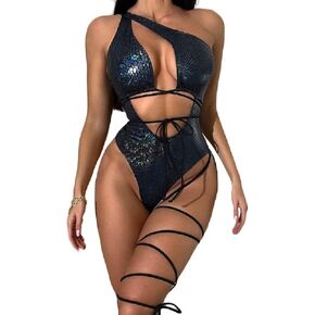 Women's Sexy Snakeskin One Shoulder Swimsuit Bandage Hollow Out Bathing Suit Swimwear with Leg Wrap Metallic Rave Outfits