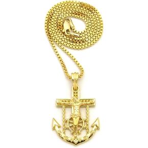 Shiny Jewelers USA Mens Jesus Anchor Cross Hip Hip Jewelry Pendant 24" Box Rope Cuban Chain Necklace