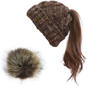 قبعة صغيرة شتوية محبوكة للنساء من VOASTEK، قبعة صغيرة للنساء على شكل ذيل حصان، قبعة صغيرة على شكل جمجمة للنساء| بوم قابل للإزالة in Kuwait