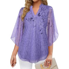 Cucuchy ملابس علوية نسائية كاجوال 3/4 كم كشكش ورقبة على شكل حرف V بلوزات شبكية مرنة تونيك طبقات مزدوجة in Kuwait