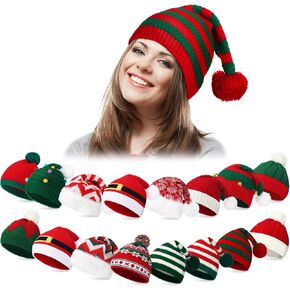 Liitrsh 16 Pcs Christmas Knitted Elf Hat Beanies Bulk Knitted Crochet Xmas Santa Beanies Hat Threaded Striped Holiday with Pompom for Adults Teens Men Women Unisex in Saudi Arabia