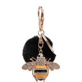 surell Genuine Mink Fur Pom Bumble Bee Bling Keychain - Bag Beach Purse Charm - Bumblebee Pocketbook Accessory