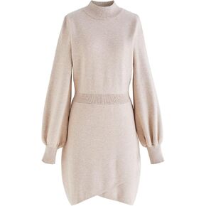CHICWISH Women's Coral/Light Tan/Black Mock Neck Bubble Sleeves Cross Hem Knit Midi Dress