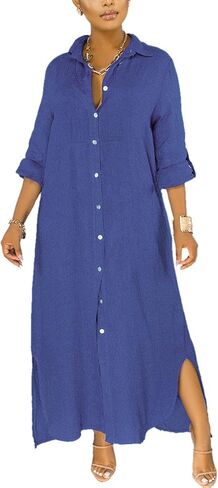 qfmqkpi Women's Solid Color 3/4 Rolled-Up Sleeve Shirts Dress Buttons Down Side Slit Maxi Dresses in Kuwait