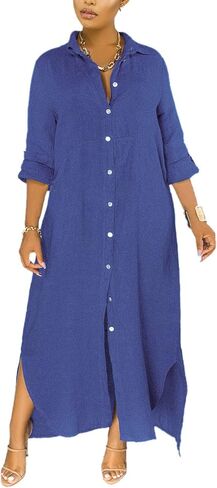 qfmqkpi Women's Solid Color 3/4 Rolled-Up Sleeve Shirts Dress Buttons Down Side Slit Maxi Dresses in Kuwait