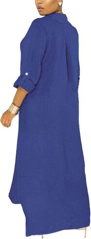 qfmqkpi Women's Solid Color 3/4 Rolled-Up Sleeve Shirts Dress Buttons Down Side Slit Maxi Dresses in Kuwait