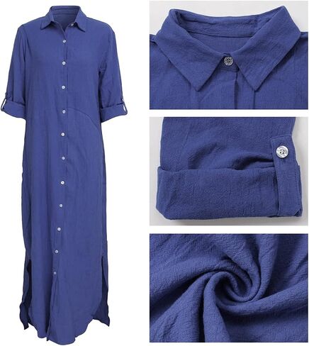 qfmqkpi Women's Solid Color 3/4 Rolled-Up Sleeve Shirts Dress Buttons Down Side Slit Maxi Dresses in Kuwait