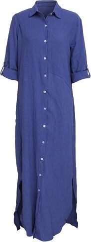 qfmqkpi Women's Solid Color 3/4 Rolled-Up Sleeve Shirts Dress Buttons Down Side Slit Maxi Dresses in Kuwait