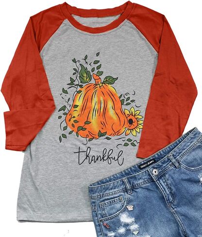 الشكر قميص المرأة شاكرين المباركة اليقطين الجرافيك 3/4 كم الشكر قمصان عادية الخريف الربط المحملة القمم in Kuwait