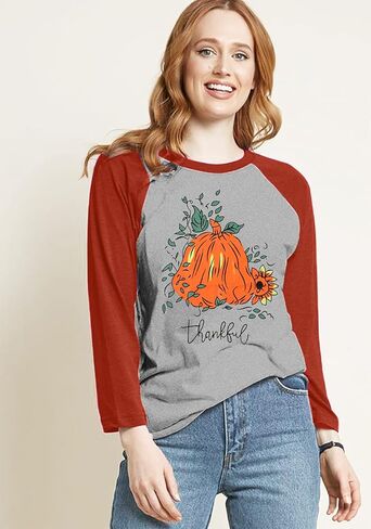 الشكر قميص المرأة شاكرين المباركة اليقطين الجرافيك 3/4 كم الشكر قمصان عادية الخريف الربط المحملة القمم in Kuwait