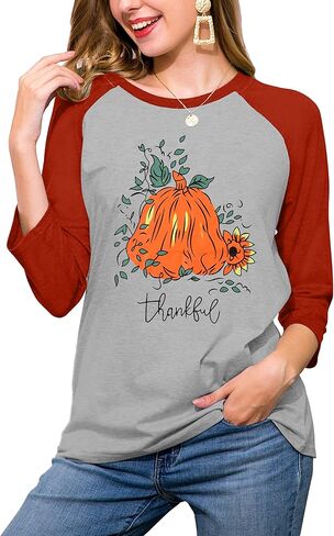 الشكر قميص المرأة شاكرين المباركة اليقطين الجرافيك 3/4 كم الشكر قمصان عادية الخريف الربط المحملة القمم in Kuwait