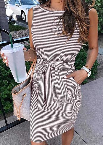 MEROKEETY Womens Summer Sleeveless Striped T Shirt Dress Casual Crew Neck Tie Waist Mini Dresses in Kuwait