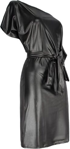 فستان Berylzz نسائي ذو مظهر جلدي مثير كاجوال بكتف واحد وحزام Bodycon Club متوسط ​​الطول in Kuwait