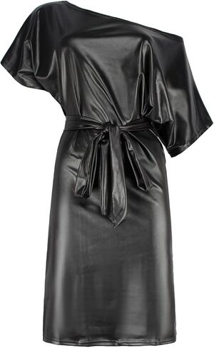 فستان Berylzz نسائي ذو مظهر جلدي مثير كاجوال بكتف واحد وحزام Bodycon Club متوسط ​​الطول in Kuwait