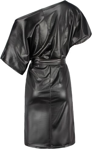 فستان Berylzz نسائي ذو مظهر جلدي مثير كاجوال بكتف واحد وحزام Bodycon Club متوسط ​​الطول in Kuwait