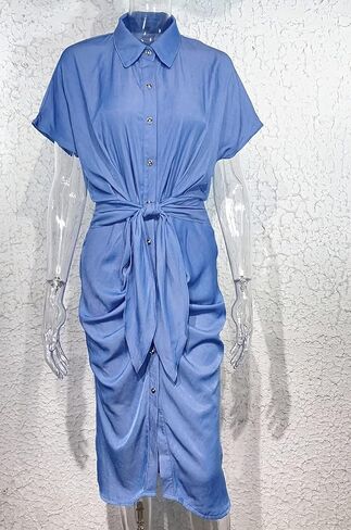 فستان نسائي قصير الأكمام مع طية صدر السترة وأزرار للأسفل من قماش الدنيم 2023 فساتين صيفية غير رسمية بحزام مكشكش وقميص جينز ميدي in Kuwait