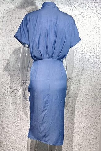 فستان نسائي قصير الأكمام مع طية صدر السترة وأزرار للأسفل من قماش الدنيم 2023 فساتين صيفية غير رسمية بحزام مكشكش وقميص جينز ميدي in Kuwait