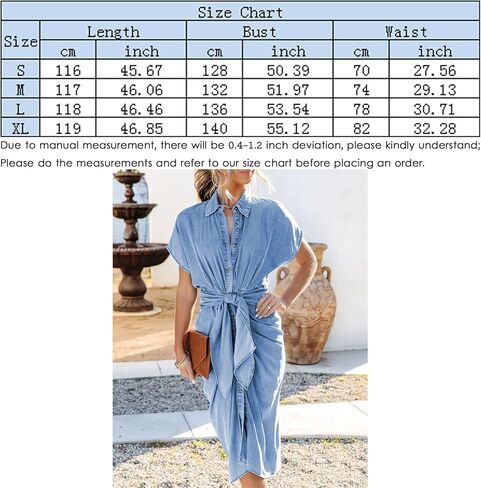 فستان نسائي قصير الأكمام مع طية صدر السترة وأزرار للأسفل من قماش الدنيم 2023 فساتين صيفية غير رسمية بحزام مكشكش وقميص جينز ميدي in Kuwait