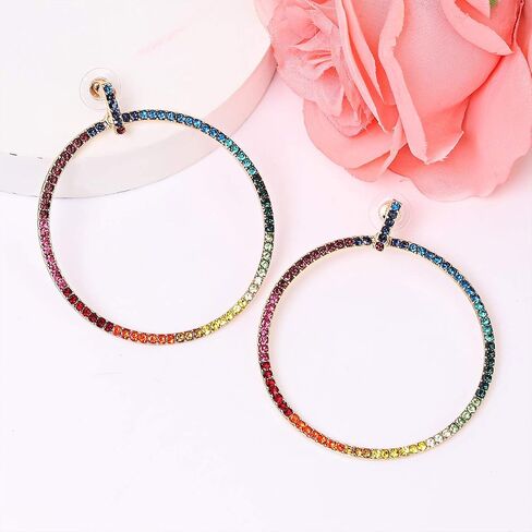 CEALXHENY Hoop Earrings for Women Rainbow Crystal Hoop Dangle Earrings Statement Drop Earring Studs for Girls in Saudi Arabia