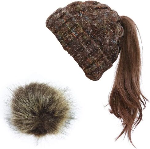 قبعة صغيرة شتوية محبوكة للنساء من VOASTEK، قبعة صغيرة للنساء على شكل ذيل حصان، قبعة صغيرة على شكل جمجمة للنساء| بوم قابل للإزالة in Kuwait