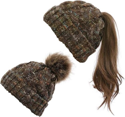 قبعة صغيرة شتوية محبوكة للنساء من VOASTEK، قبعة صغيرة للنساء على شكل ذيل حصان، قبعة صغيرة على شكل جمجمة للنساء| بوم قابل للإزالة in Kuwait