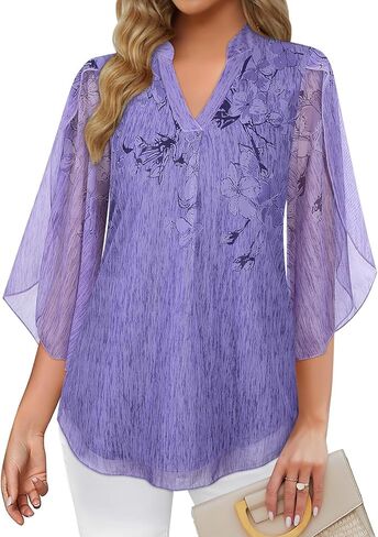 Cucuchy ملابس علوية نسائية كاجوال 3/4 كم كشكش ورقبة على شكل حرف V بلوزات شبكية مرنة تونيك طبقات مزدوجة in Kuwait